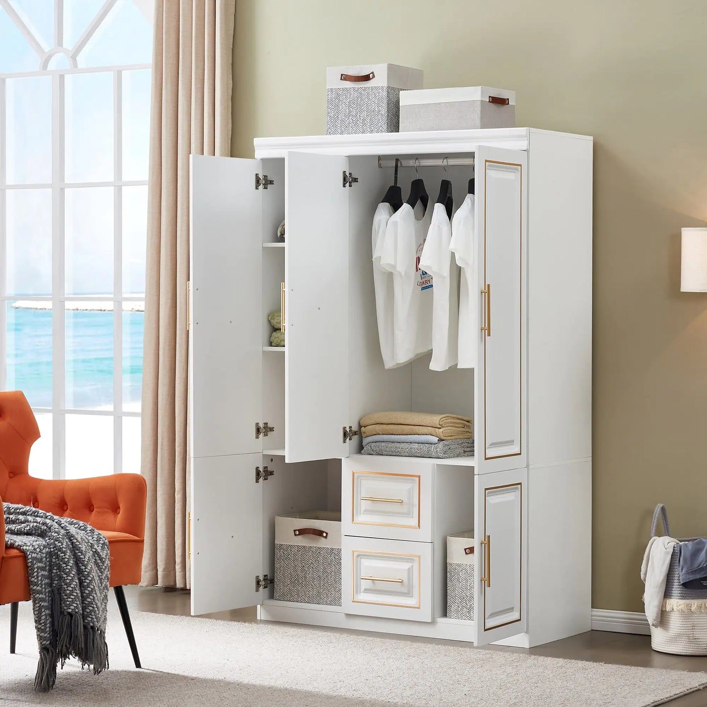 White Bedroom Wardrobe Closet Freestanding Clothes Storage  Organizer