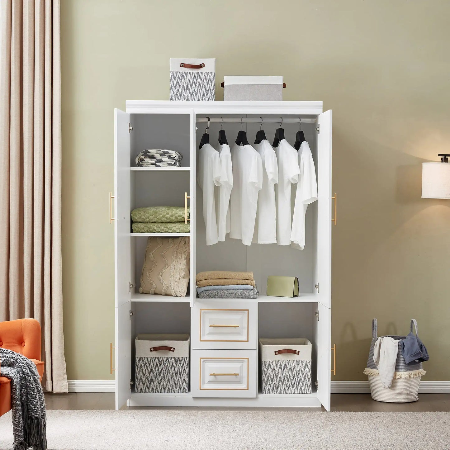 White Bedroom Wardrobe Closet Freestanding Clothes Storage  Organizer