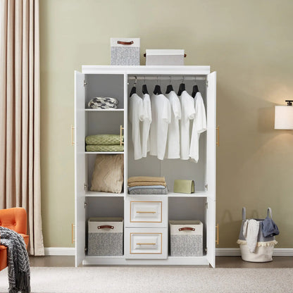 White Bedroom Wardrobe Closet Freestanding Clothes Storage  Organizer